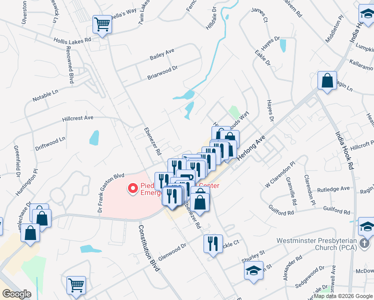 map of restaurants, bars, coffee shops, grocery stores, and more near 227 Pointe Circle in Rock Hill