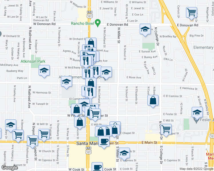 map of restaurants, bars, coffee shops, grocery stores, and more near 224 East Alvin Avenue in Santa Maria