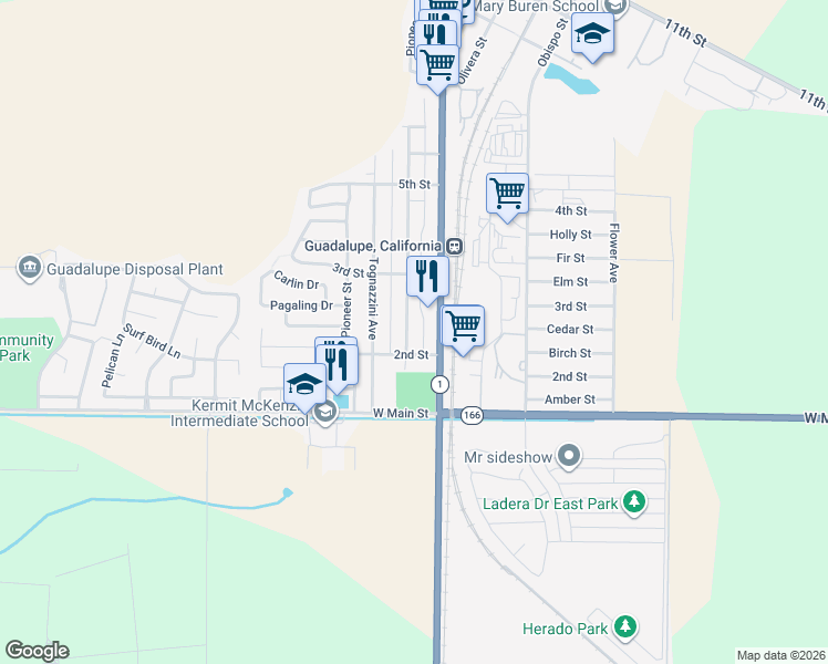 map of restaurants, bars, coffee shops, grocery stores, and more near 230 Campodonico Avenue in Guadalupe