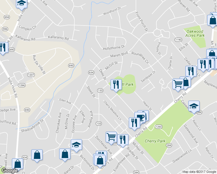 map of restaurants, bars, coffee shops, grocery stores, and more near 1456 Bose Avenue in Rock Hill