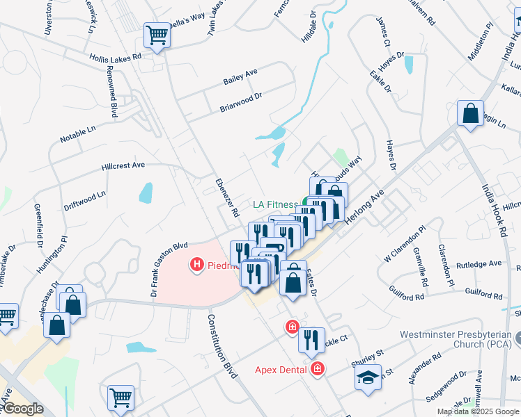 map of restaurants, bars, coffee shops, grocery stores, and more near 1788 Ebenezer Road in Rock Hill