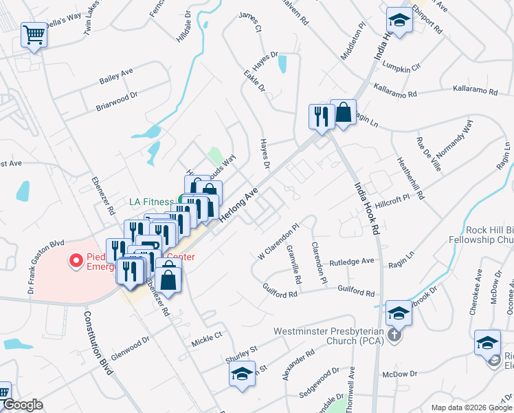 map of restaurants, bars, coffee shops, grocery stores, and more near 671 Melville Drive in Rock Hill