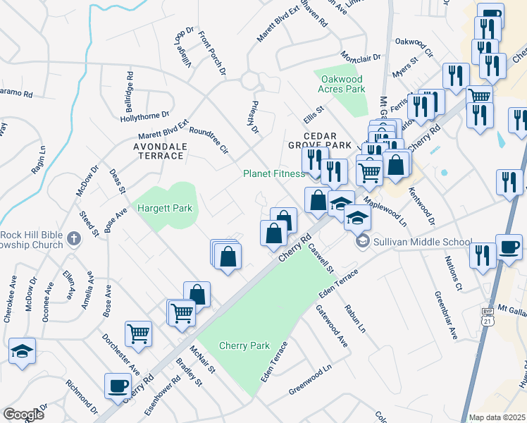 map of restaurants, bars, coffee shops, grocery stores, and more near 1572 Eagles Place in Rock Hill