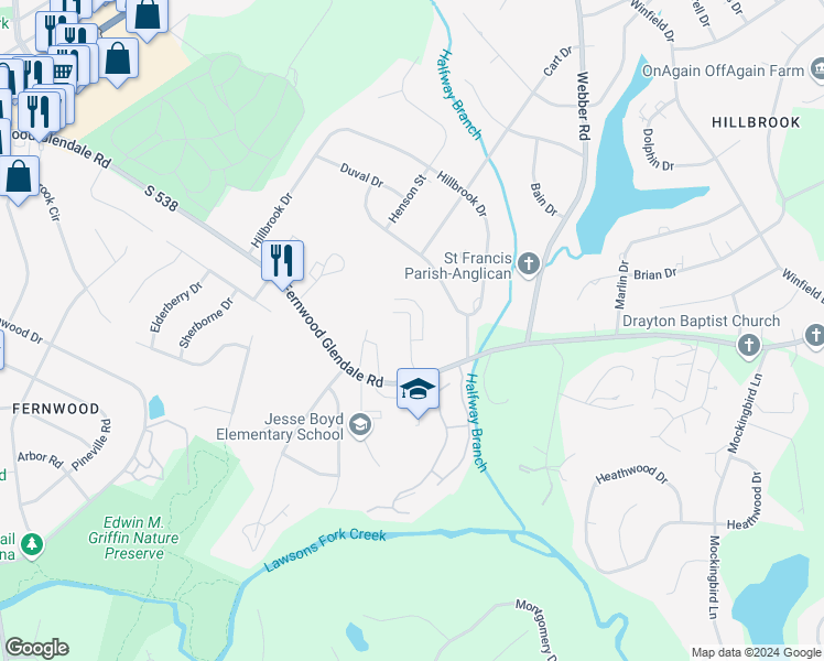 map of restaurants, bars, coffee shops, grocery stores, and more near 1514 Fernwood Glendale Road in Spartanburg