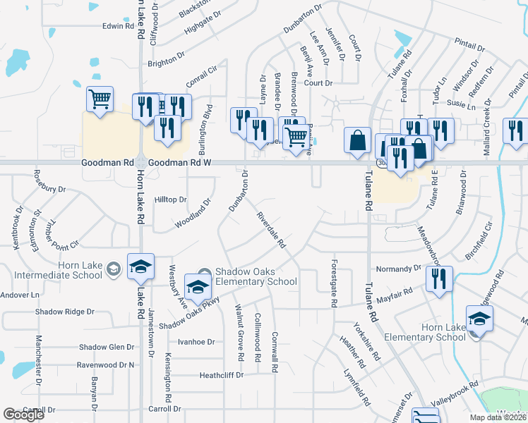 map of restaurants, bars, coffee shops, grocery stores, and more near 6825 Riverdale Road in Horn Lake