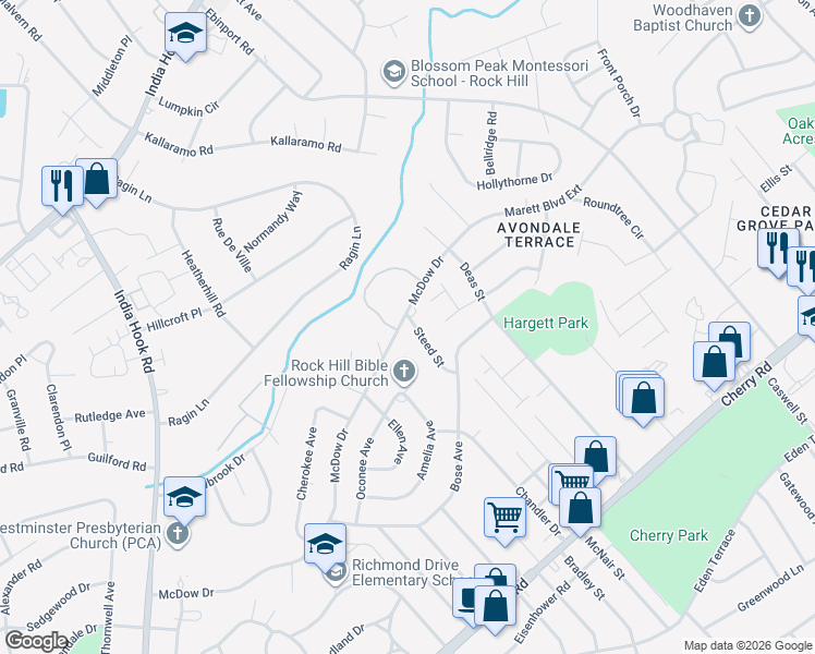 map of restaurants, bars, coffee shops, grocery stores, and more near 1364 Steed Street in Rock Hill