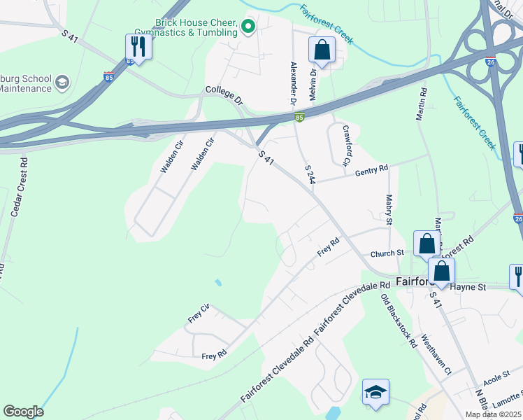 map of restaurants, bars, coffee shops, grocery stores, and more near 220 Boatsman Lane in Spartanburg