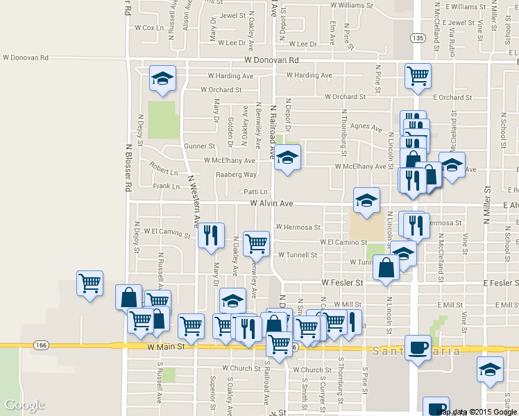 map of restaurants, bars, coffee shops, grocery stores, and more near 748 W Alvin Ave in Santa Maria