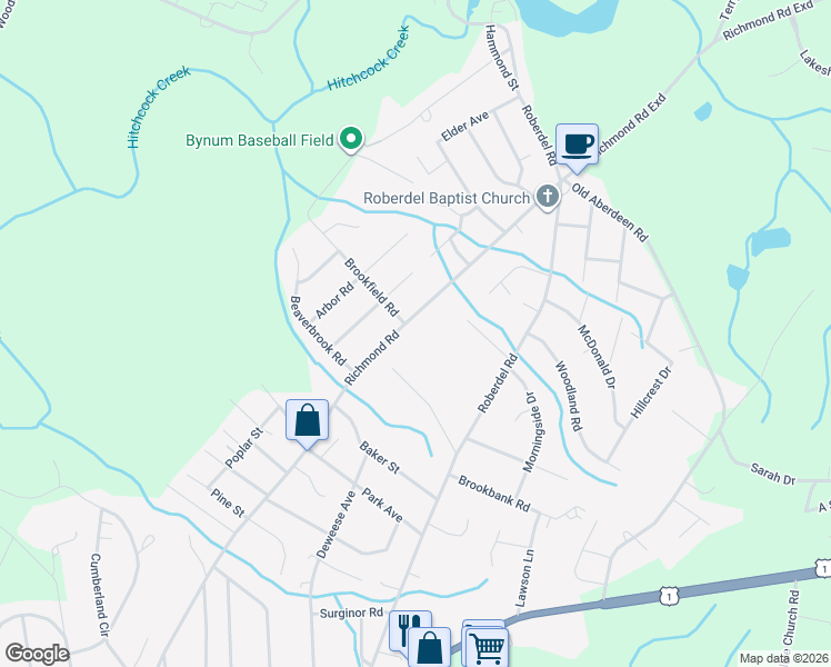map of restaurants, bars, coffee shops, grocery stores, and more near 1012 Richmond Road in Rockingham