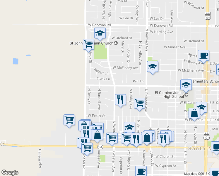 map of restaurants, bars, coffee shops, grocery stores, and more near 1010 West Alvin Avenue in Santa Maria