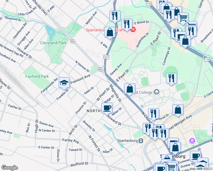 map of restaurants, bars, coffee shops, grocery stores, and more near 600 Magnolia Street in Spartanburg