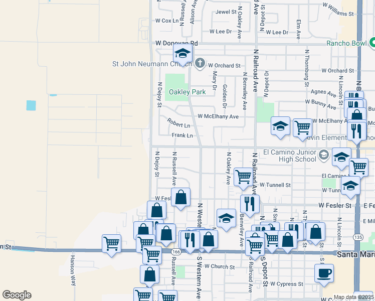 map of restaurants, bars, coffee shops, grocery stores, and more near 1010 West Alvin Avenue in Santa Maria