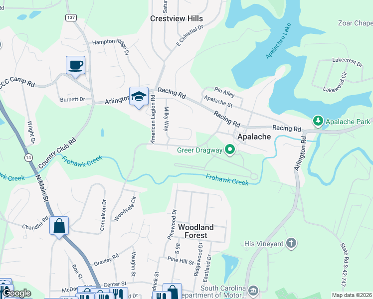 map of restaurants, bars, coffee shops, grocery stores, and more near 1742 Dragway Road in Greer