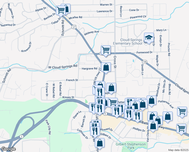 map of restaurants, bars, coffee shops, grocery stores, and more near 1613 Old Lafayette Road in Rossville