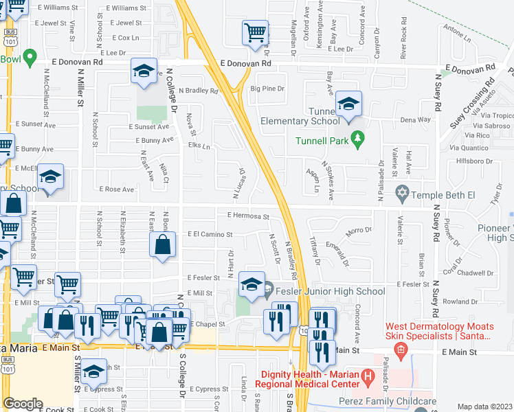map of restaurants, bars, coffee shops, grocery stores, and more near Alvin Avenue in Santa Maria