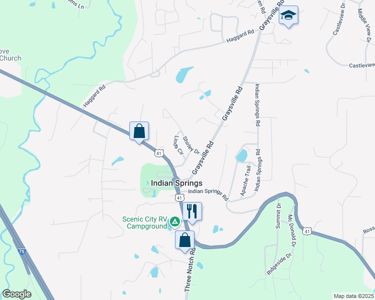 map of restaurants, bars, coffee shops, grocery stores, and more near 75 Shirley Drive in Ringgold