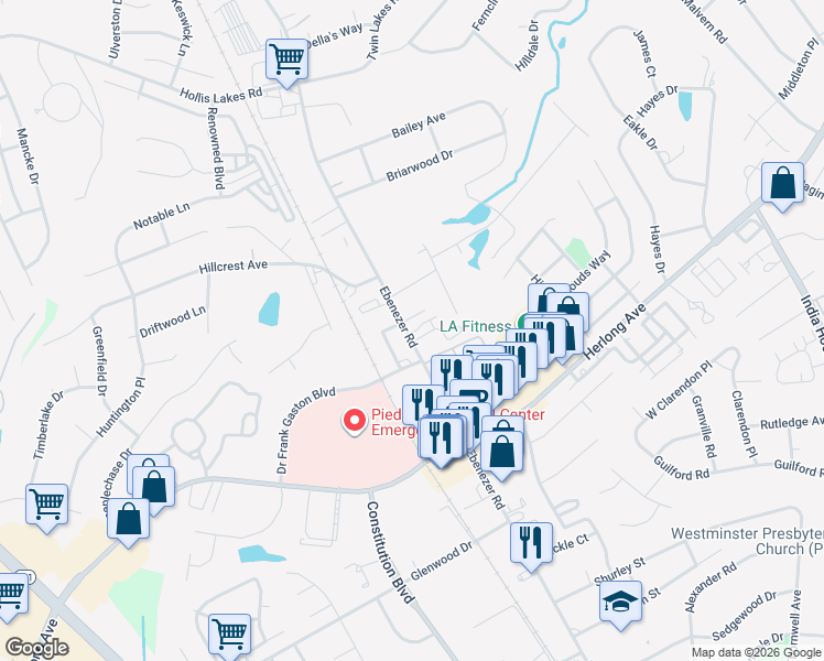 map of restaurants, bars, coffee shops, grocery stores, and more near 112 Neely Court in Rock Hill