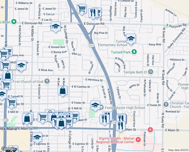 map of restaurants, bars, coffee shops, grocery stores, and more near 800 North Bradley Road in Santa Maria