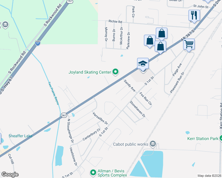 map of restaurants, bars, coffee shops, grocery stores, and more near 2105 South 2nd Street in Cabot