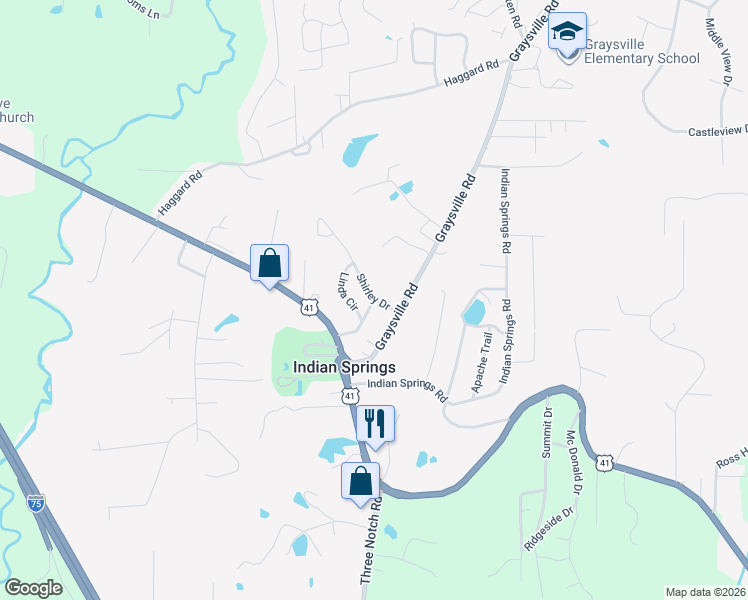 map of restaurants, bars, coffee shops, grocery stores, and more near 75 Shirley Drive in Ringgold