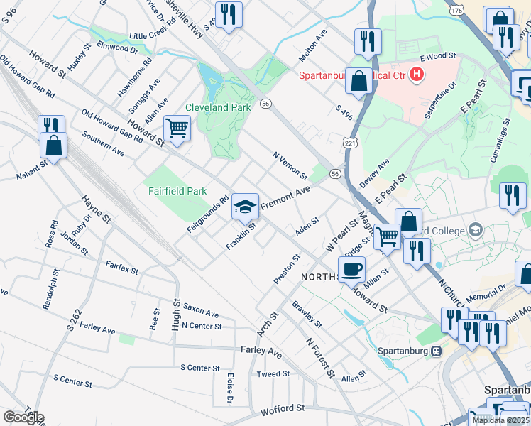 map of restaurants, bars, coffee shops, grocery stores, and more near 29 Fremont Avenue in Spartanburg