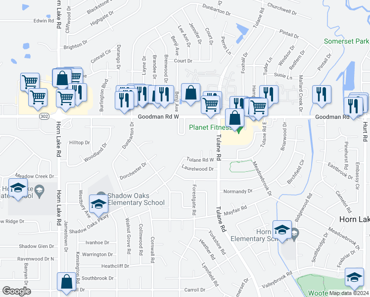 map of restaurants, bars, coffee shops, grocery stores, and more near 3400 Tulane Road West in Horn Lake
