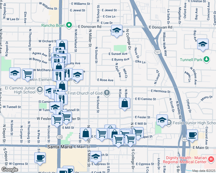 map of restaurants, bars, coffee shops, grocery stores, and more near 705 North Elizabeth Street in Santa Maria