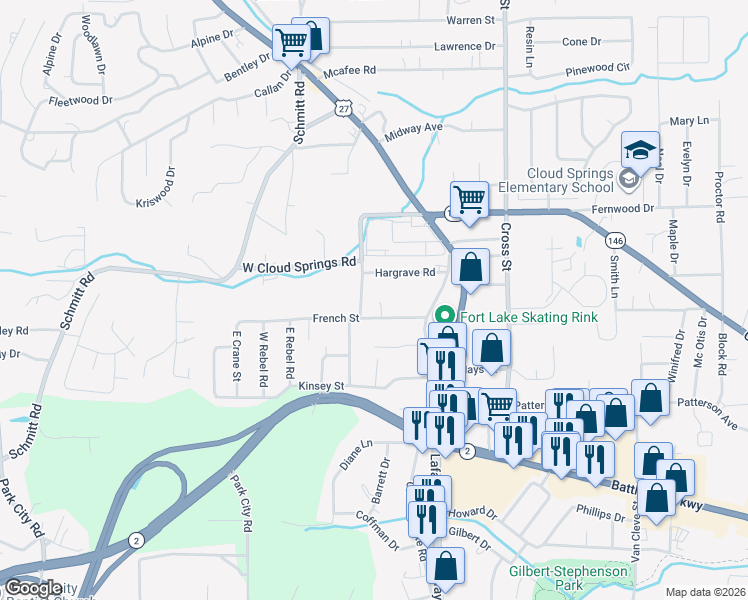 map of restaurants, bars, coffee shops, grocery stores, and more near 481 French Street in Rossville