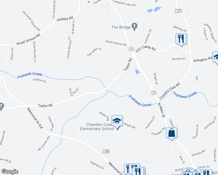 map of restaurants, bars, coffee shops, grocery stores, and more near 213A Taylor Road in Greer