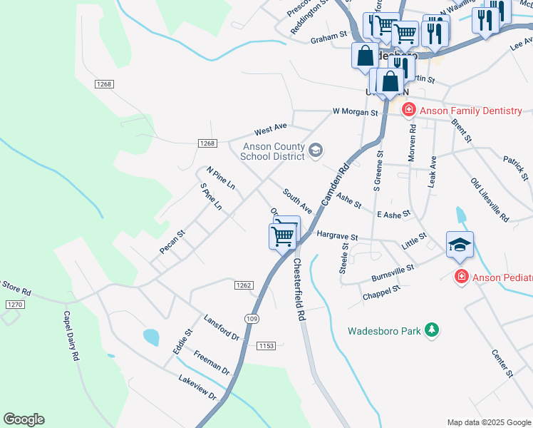 map of restaurants, bars, coffee shops, grocery stores, and more near 406 Orchard Street in Wadesboro