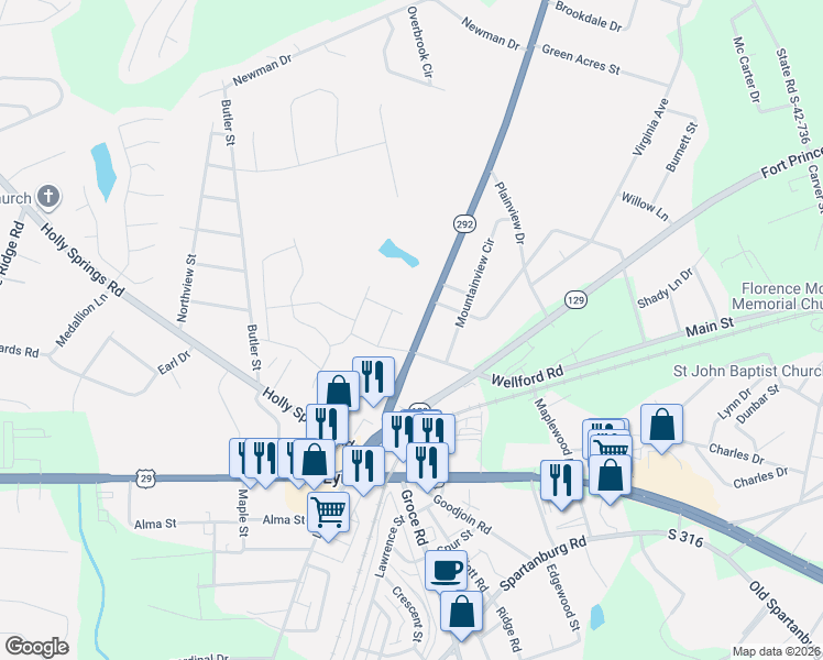 map of restaurants, bars, coffee shops, grocery stores, and more near 305 Inman Road in Lyman