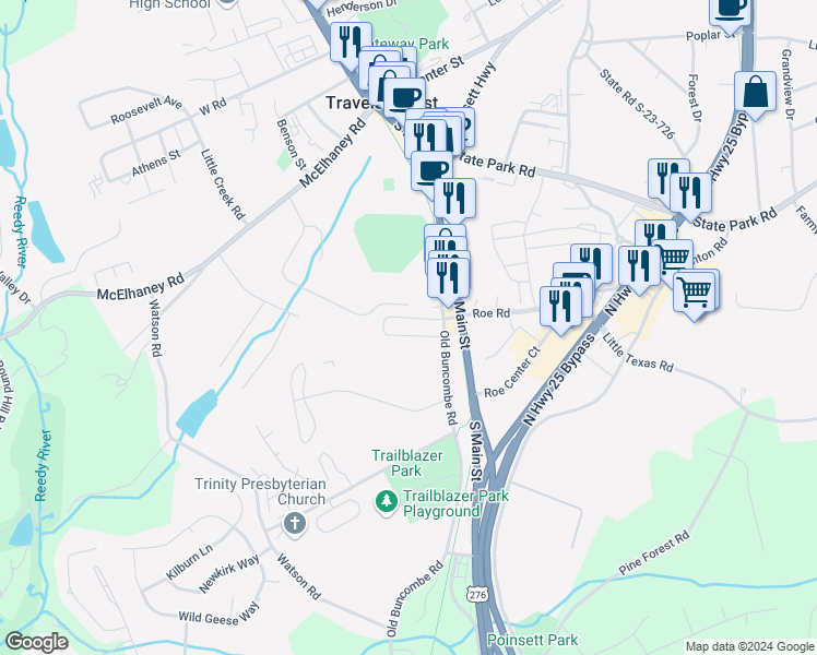map of restaurants, bars, coffee shops, grocery stores, and more near 22 Village Circle in Travelers Rest