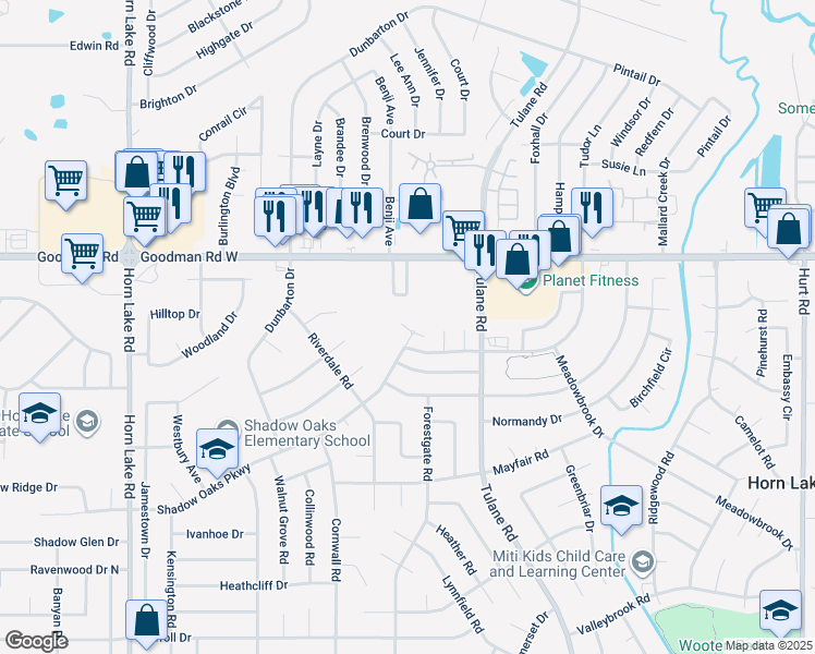 map of restaurants, bars, coffee shops, grocery stores, and more near 3400 Tulane Road West in Horn Lake