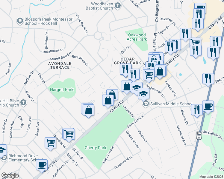map of restaurants, bars, coffee shops, grocery stores, and more near 1051 Ebinport Road in Rock Hill
