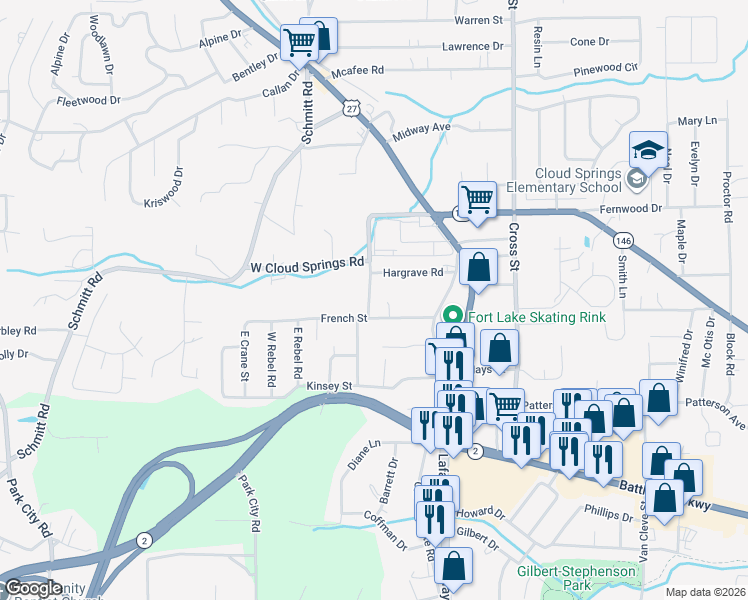 map of restaurants, bars, coffee shops, grocery stores, and more near 481 French Street in Rossville