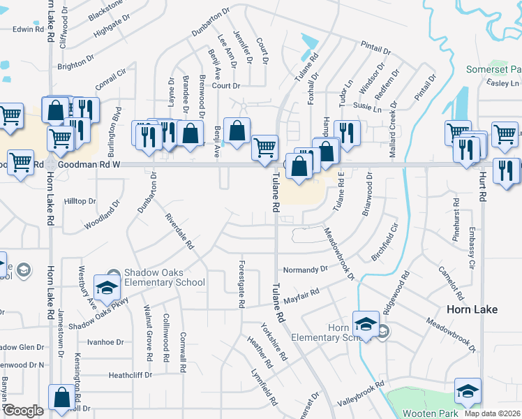 map of restaurants, bars, coffee shops, grocery stores, and more near 6791 Chase Cove in Horn Lake