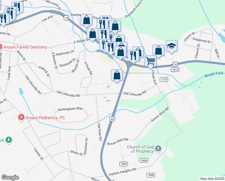 map of restaurants, bars, coffee shops, grocery stores, and more near 1017 Old Lilesville Road in Wadesboro