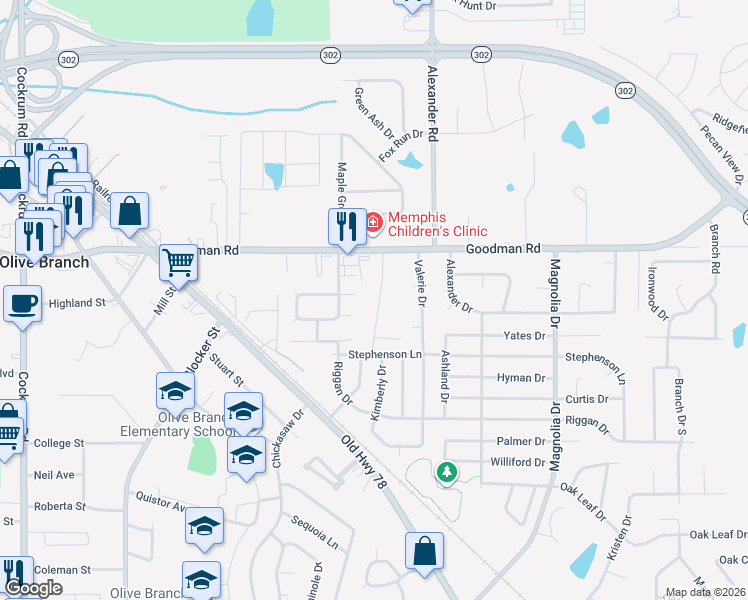 map of restaurants, bars, coffee shops, grocery stores, and more near 6877 Maury Drive in Olive Branch
