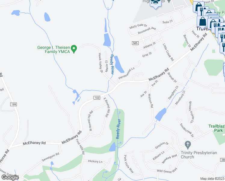 map of restaurants, bars, coffee shops, grocery stores, and more near 540 McElhaney Road in Travelers Rest