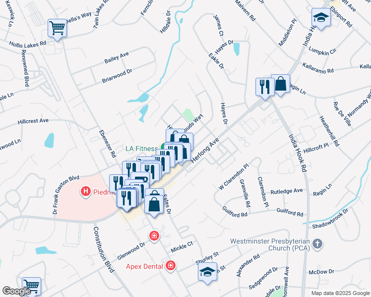 map of restaurants, bars, coffee shops, grocery stores, and more near 623 Hicklin Drive in Rock Hill