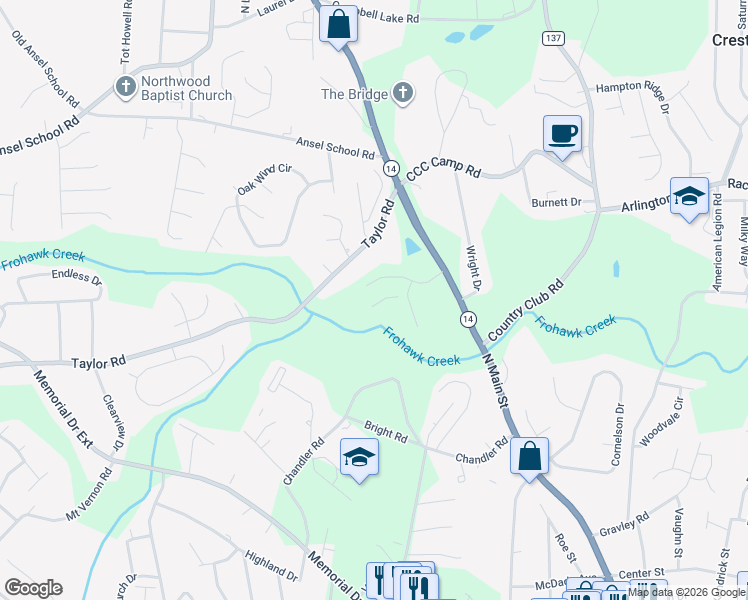 map of restaurants, bars, coffee shops, grocery stores, and more near 203 Taylor Road in Greer
