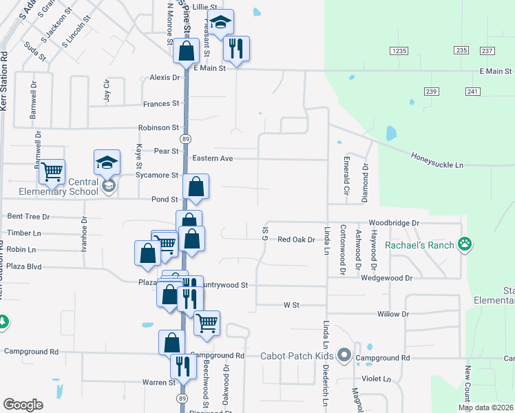 map of restaurants, bars, coffee shops, grocery stores, and more near 198 Forrest Loop in Cabot