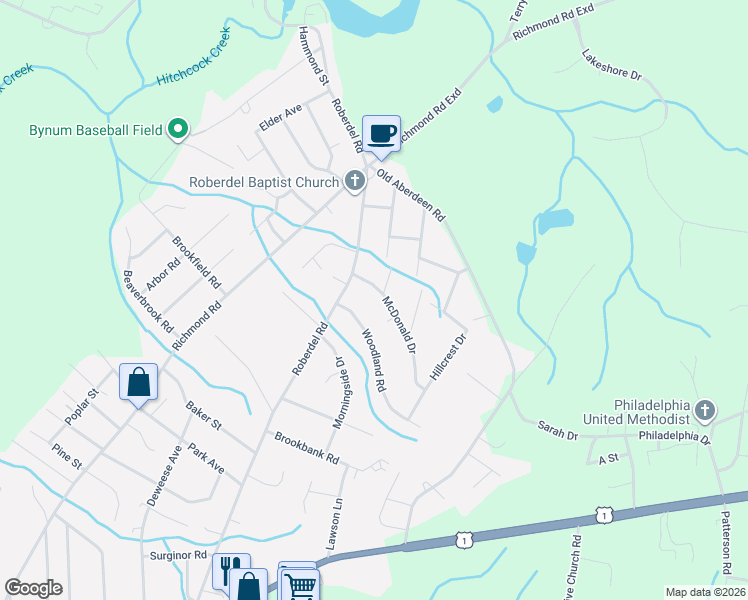 map of restaurants, bars, coffee shops, grocery stores, and more near 104 McDonald Drive in Rockingham