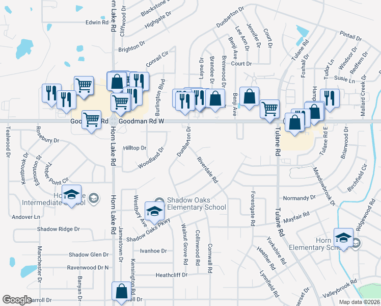 map of restaurants, bars, coffee shops, grocery stores, and more near 6825 Riverdale Road in Horn Lake