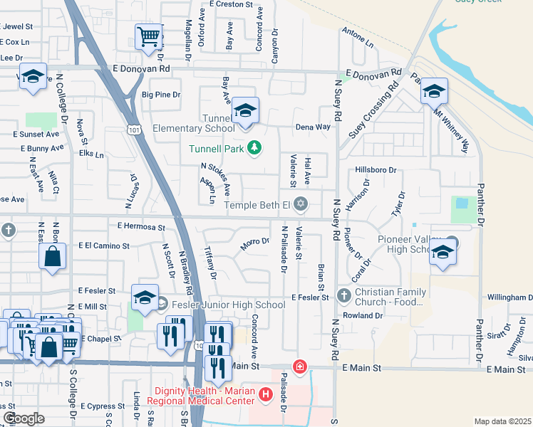 map of restaurants, bars, coffee shops, grocery stores, and more near 805 North Palisade Drive in Santa Maria