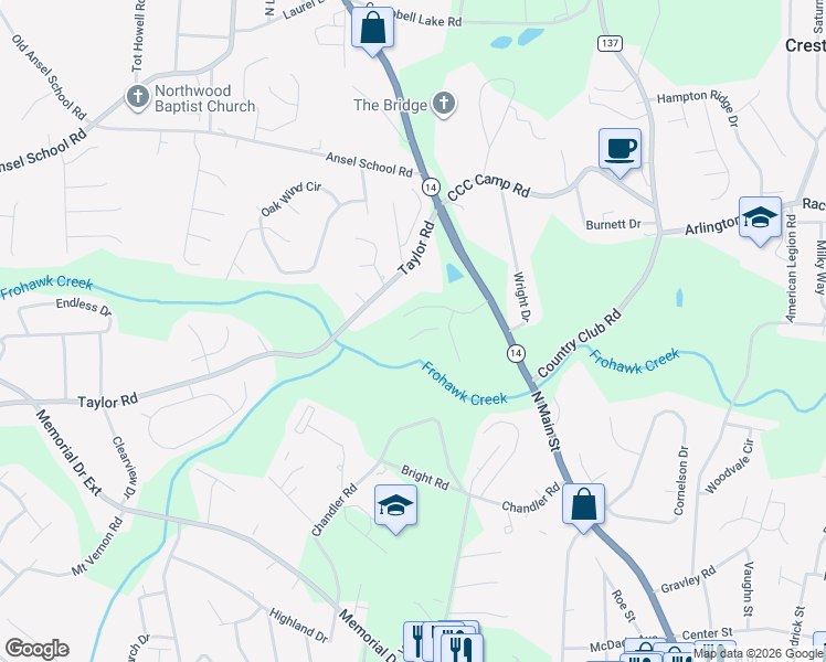 map of restaurants, bars, coffee shops, grocery stores, and more near 203 Taylor Road in Greer