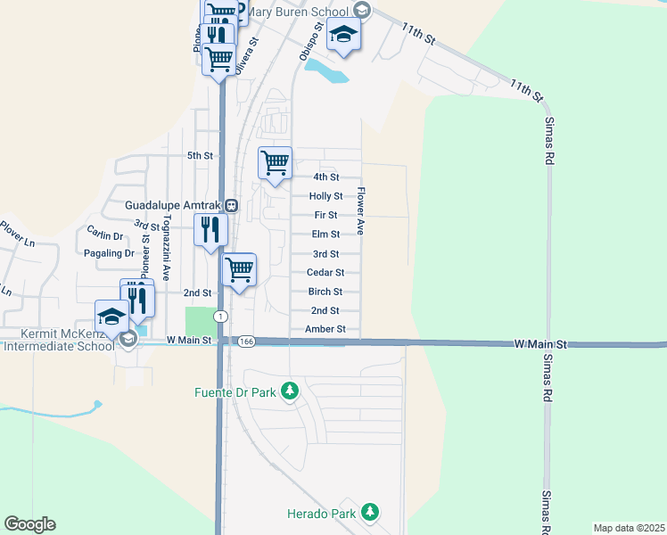 map of restaurants, bars, coffee shops, grocery stores, and more near 4437 Cedar Street in Guadalupe