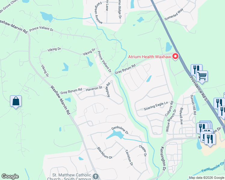 map of restaurants, bars, coffee shops, grocery stores, and more near 3035 Arsdale Road in Waxhaw