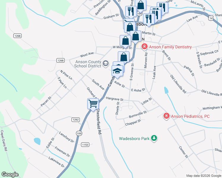 map of restaurants, bars, coffee shops, grocery stores, and more near 515 Camden Road in Wadesboro