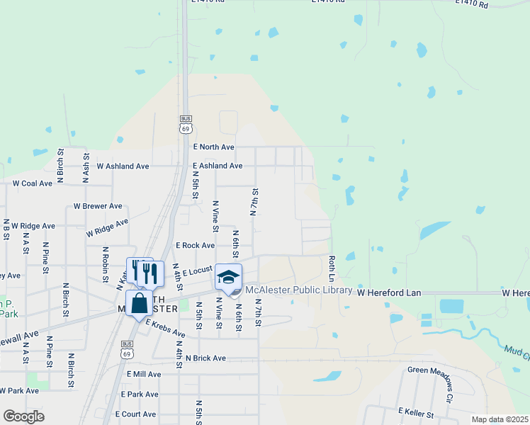 map of restaurants, bars, coffee shops, grocery stores, and more near 3110-3252 North 7th Street in McAlester